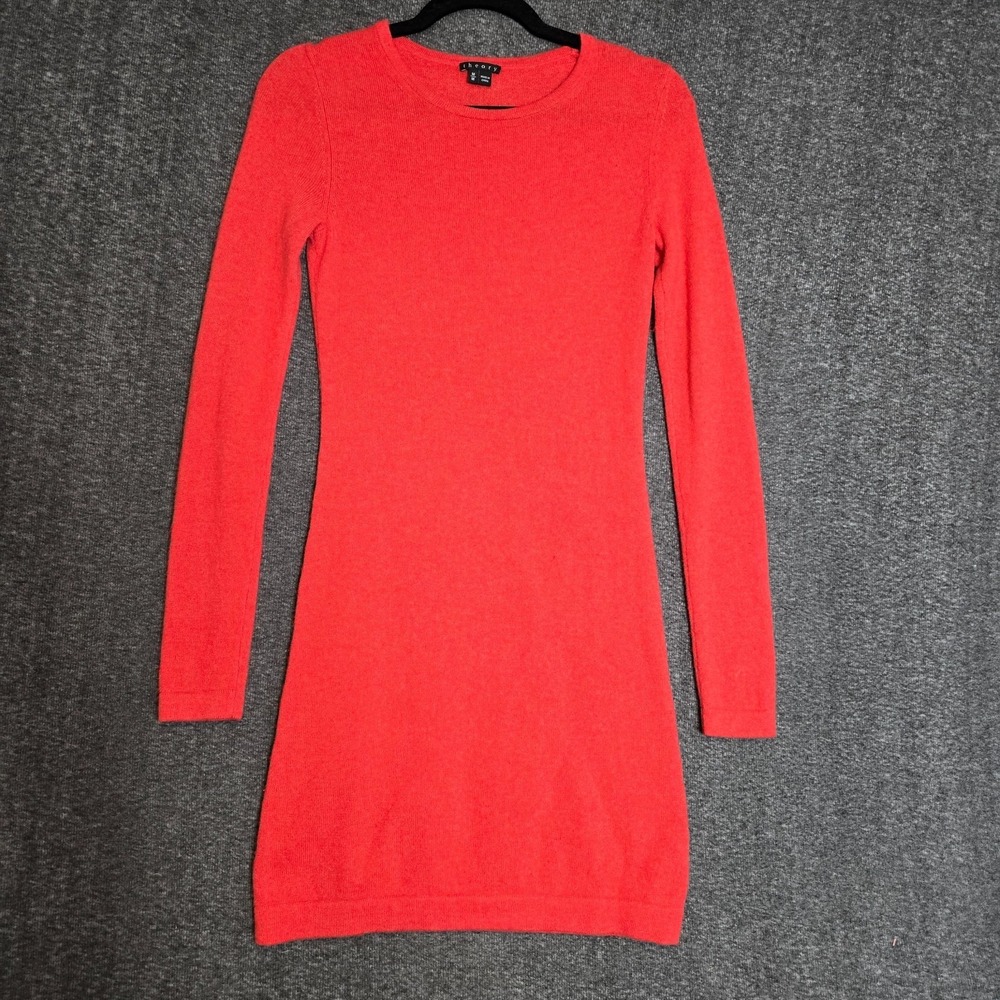 Theory 100% Cashmire Long Sleeve Coral Red Bodycon Mini Dress‎ Size Medium